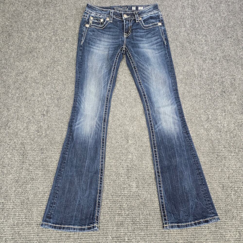 Miss Me Jeans Womens 27x31 Signature Boot Blue Fleur De Lis Sequin Bling